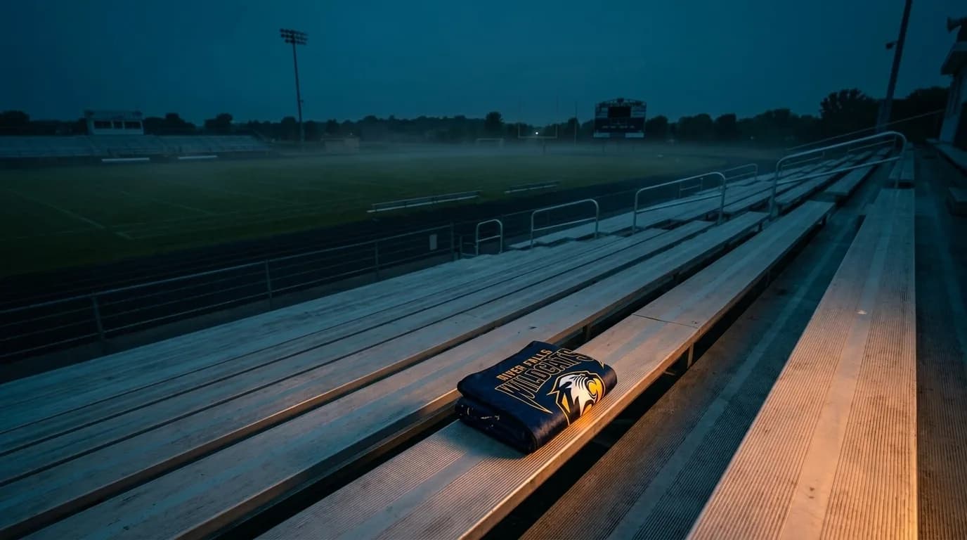 A folded senior blanket resting alone on empty stadium bleachers at dusk, field lights glowing in the distance