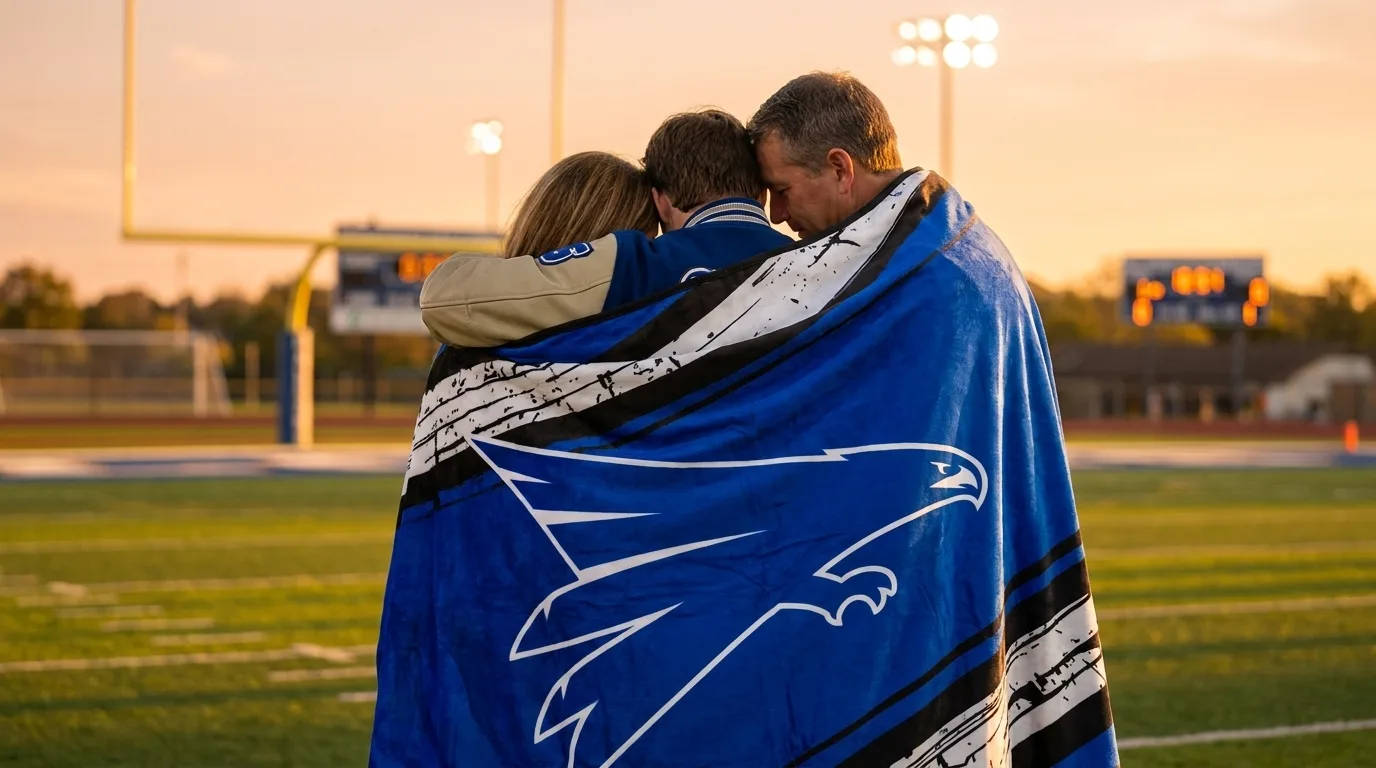 A senior and her parents hugging on the field at sunset, wrapped together in her custom mascot blanket