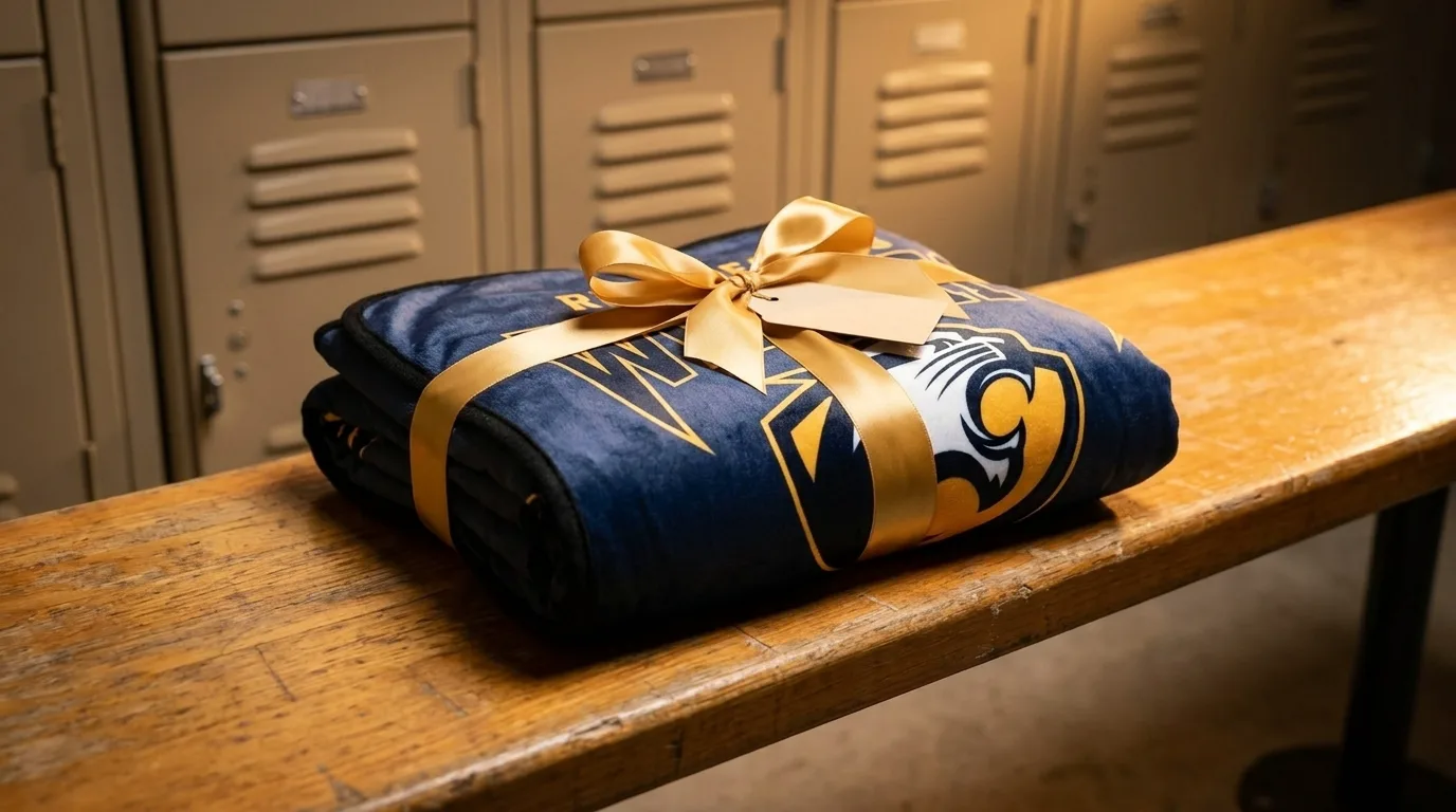 Folded navy-and-gold senior blanket tied with a gold ribbon bow, waiting on a locker-room bench