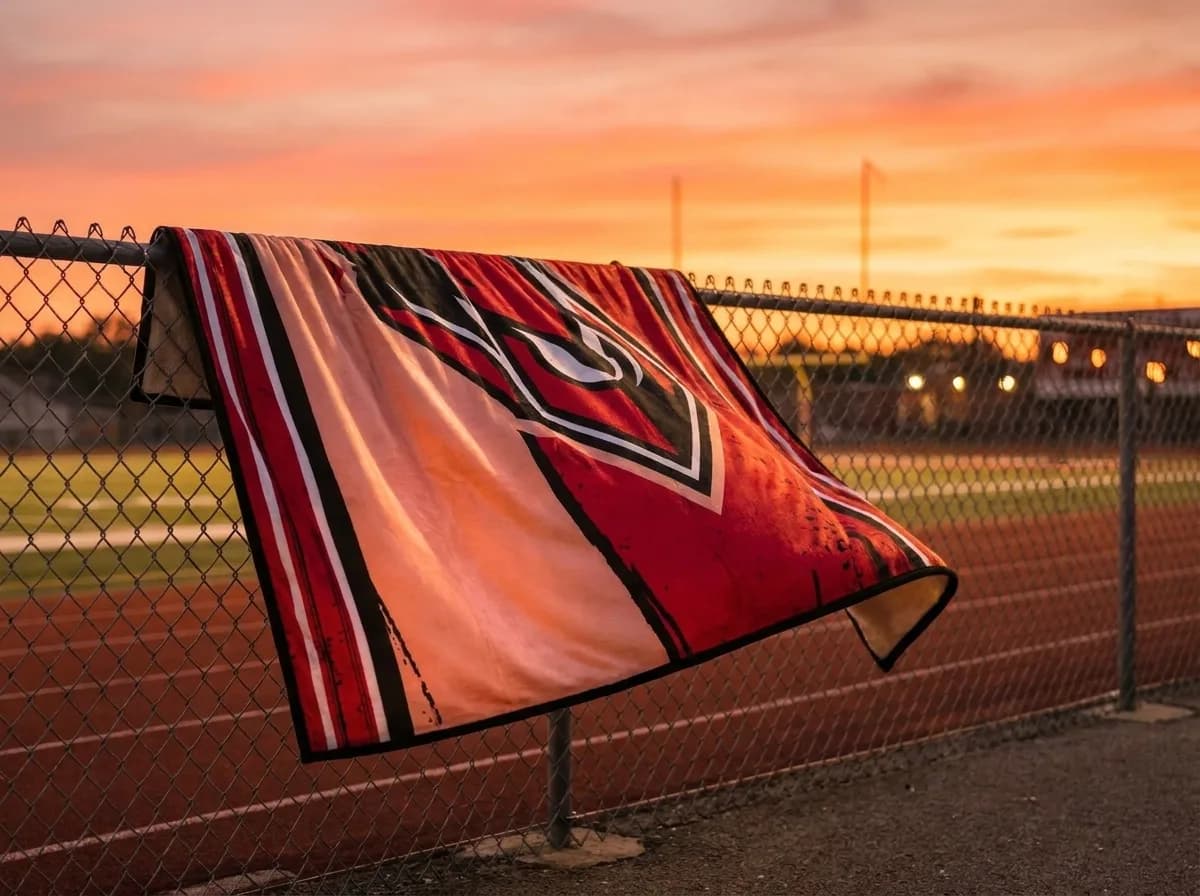 A red-and-white custom blanket draped over the chain-link fence beside the track as the sun sets behind the field