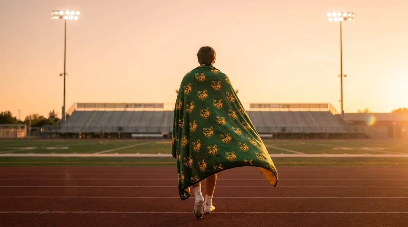 A senior walking down the track at sunset with her green-and-gold mascot blanket draped over her shoulders like a cape