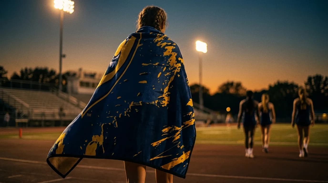 A senior wearing his blue-and-gold paint-splash blanket as a cape under the stadium lights while teammates run the track behind him